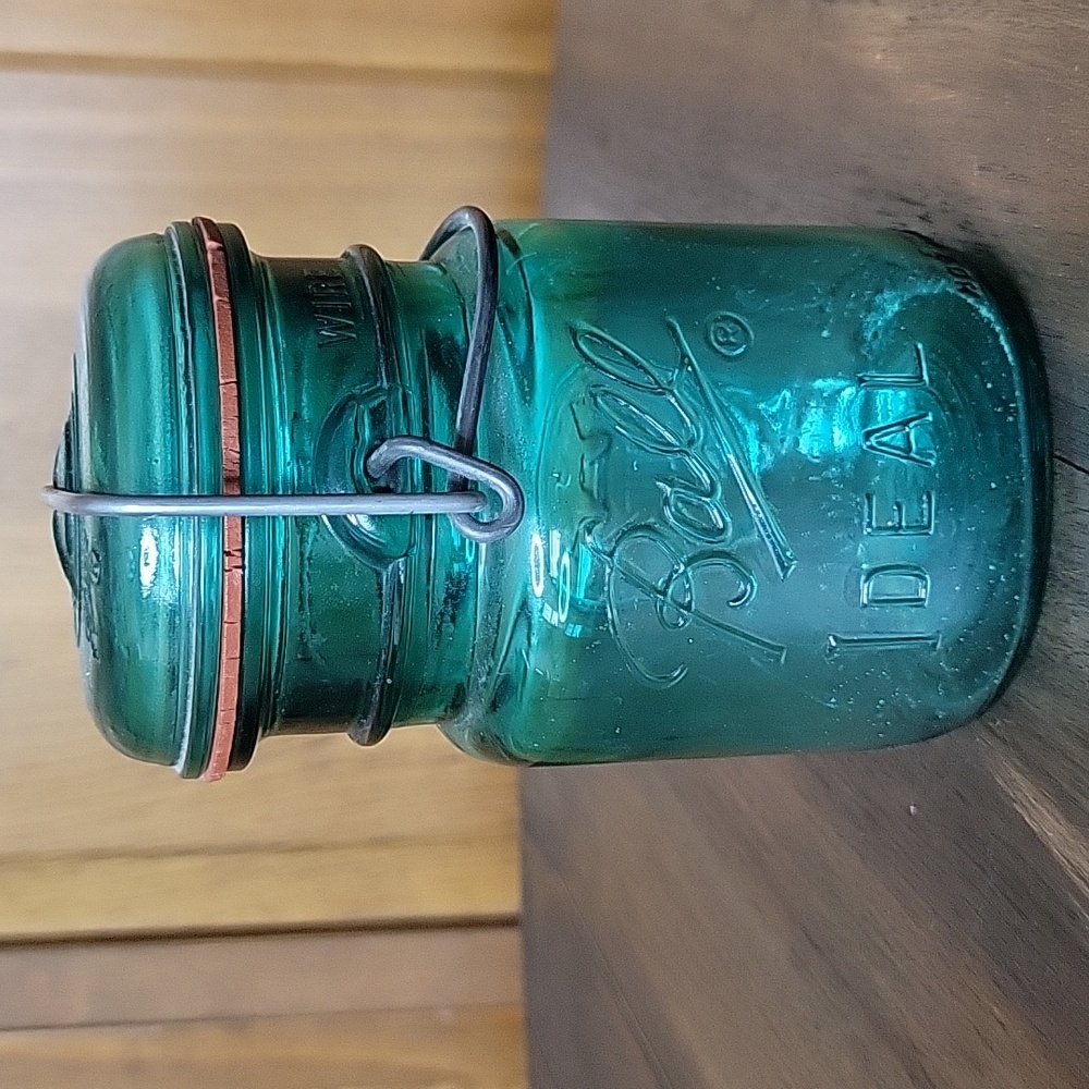 BALL IDEAL Vintage Bicentennial Ideal Teal Glass Wired Mason Jar